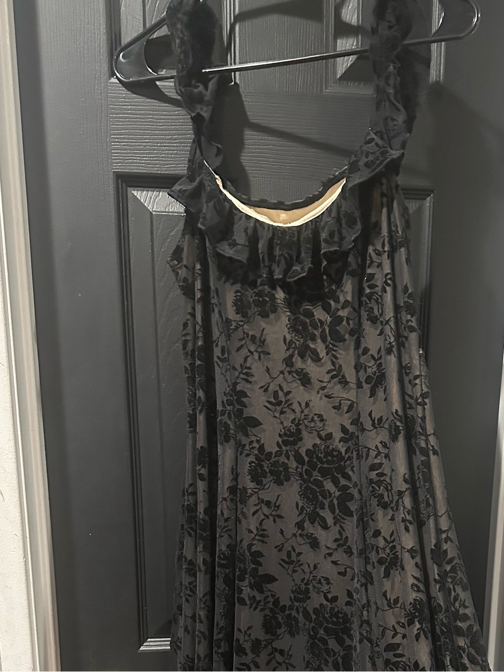 Black Floral Velvet Maxi Dress with Ruffle Straps